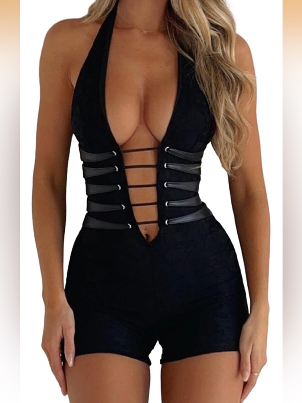 Amazon Black Halter Mini Romper with Strappy Front